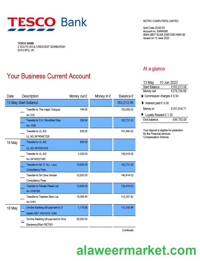 Tesco Bank Business statement Word and PDF template